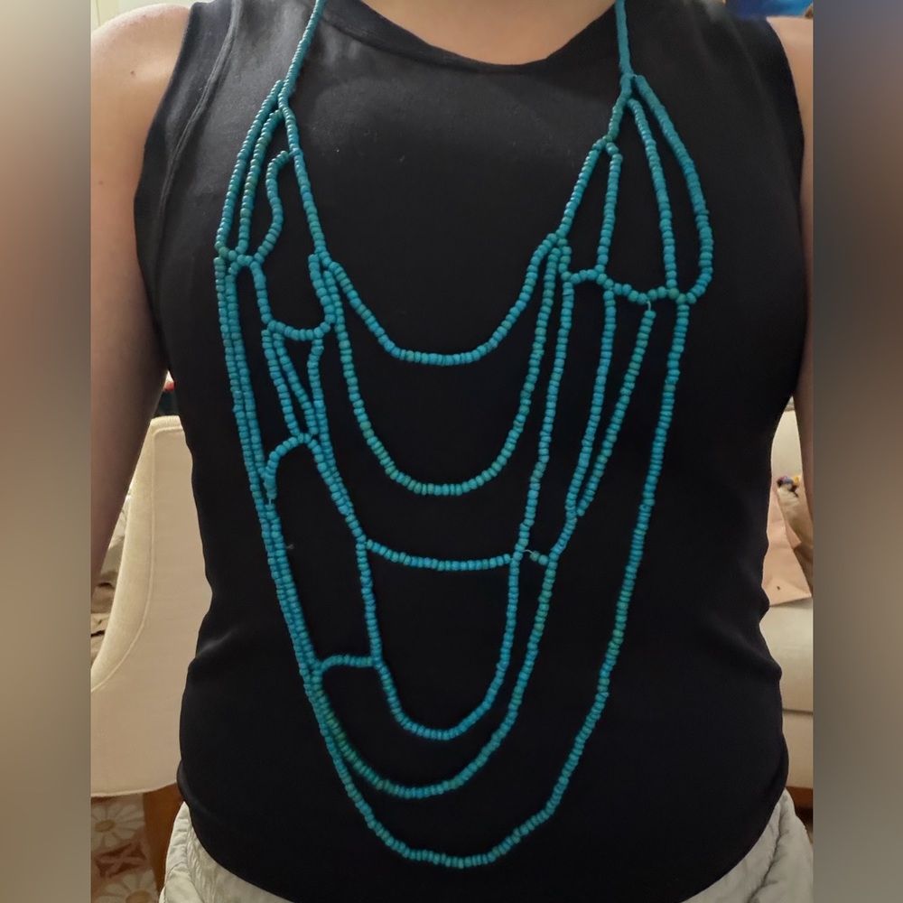 Handmade Wood Elegant Turquoise Beaded Statement Necklace Beachy Bohemian